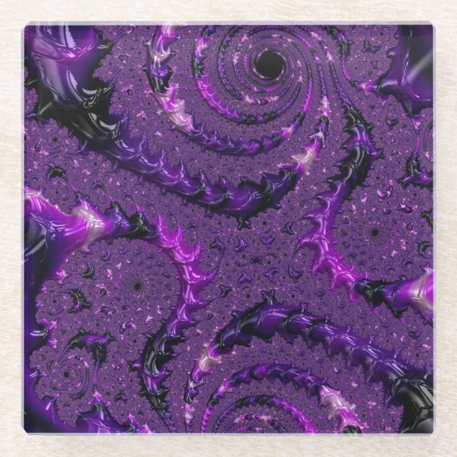 Funky Bold Boho Purple Digital Abstract Fractal Glass Coaster (Front)