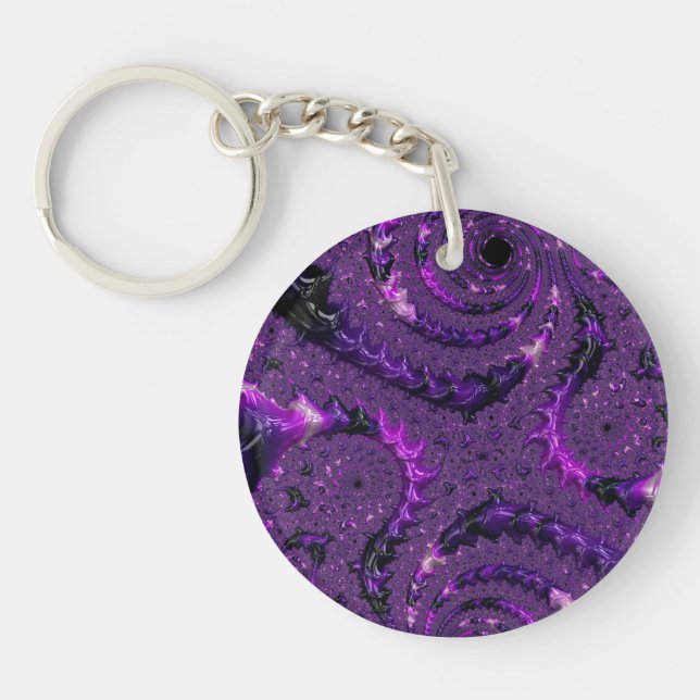 Funky Bold Boho Purple Digital Abstract Fractal Key Ring (Front)