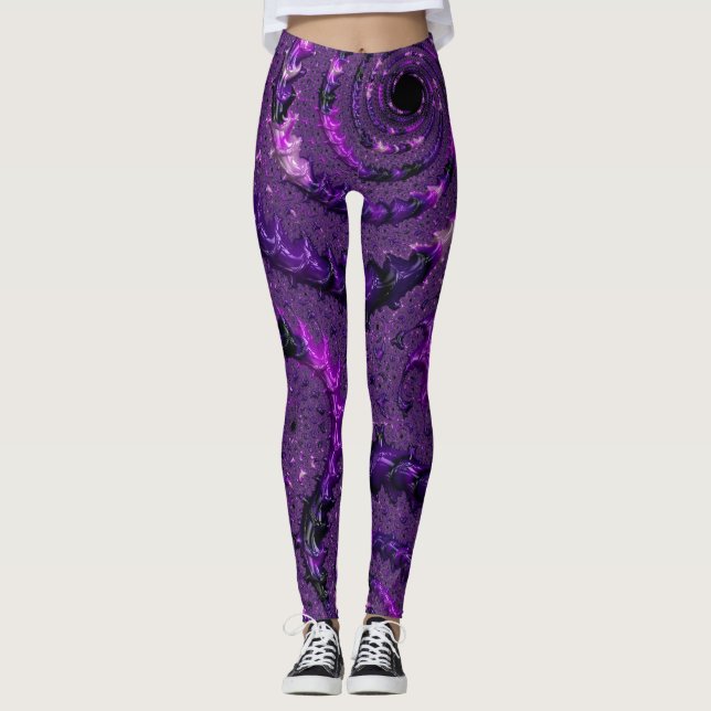 Funky Bold Boho Purple Digital Abstract Fractal Leggings (Front)