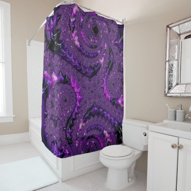 Funky Bold Boho Purple Digital Abstract Fractal Shower Curtain (In Situ)