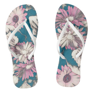 Funky bold floral in pink and teal  flip flops