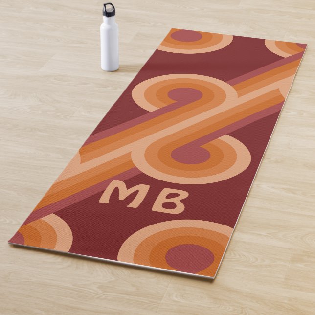 Funky Bold Orange Dark Maroon Red Retro Pattern Yoga Mat (In Situ)