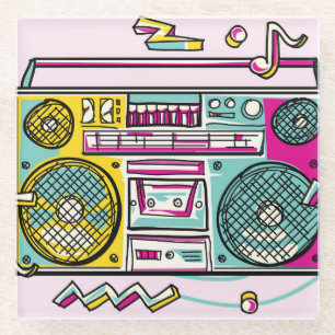 Funky Boombox Colourful Drawn Design Glass Coaster
