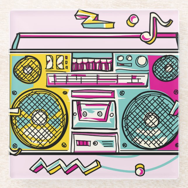 Funky Boombox Colourful Drawn Design Glass Coaster (Front)