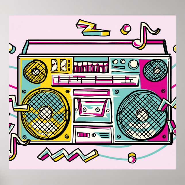 Funky Boombox Colourful Drawn Design Poster (Front)