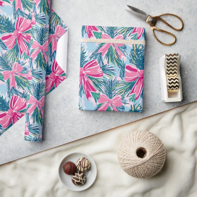 Funky Bow Pink Christmas Bow Pattern Wrapping Paper (Crafts)
