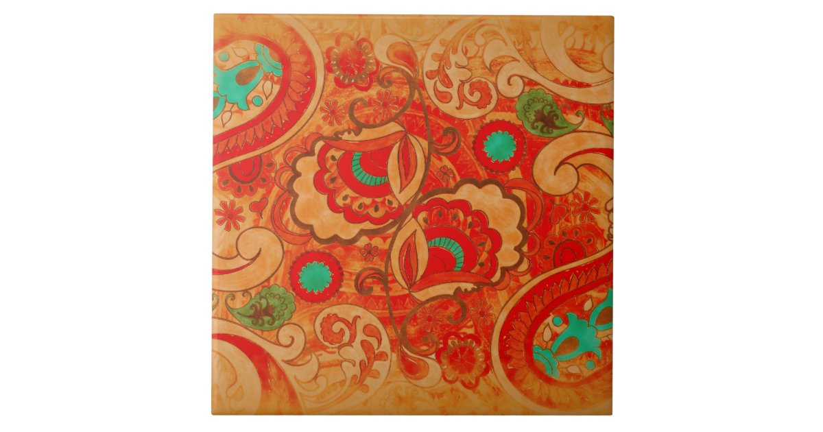 Funky Burnt Orange Red Turquoise Vintage Paisley Tile | Zazzle.co.uk