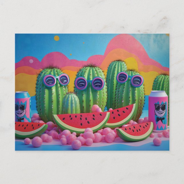 Funky Cacti with Sunglasses, Watermelon, and Candy Postcard (Front)