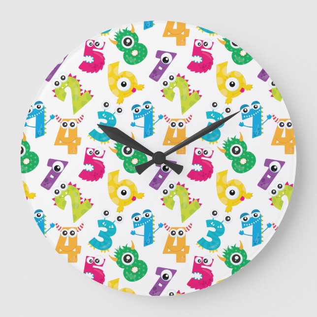 Funky Cartoon Monster Numbers Math School Pattern Large Clock (Front)