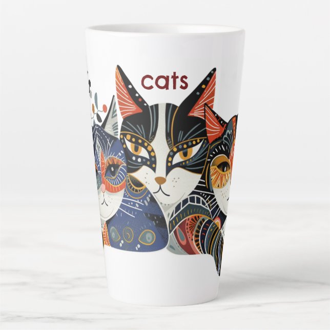Funky Cat Folk Art Colourful Abstract Latte Mug (Front)