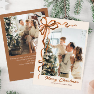 Funky Christmas Beige Boho Bow Ribbon 2 Photo Holiday Card