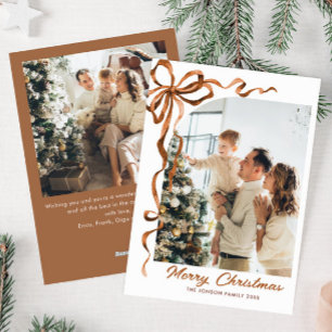 Funky Christmas Beige Boho Bow Ribbon 2 Photo Holiday Card