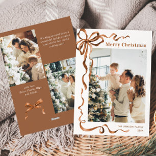 Funky Christmas Beige Boho Bow Ribbon 3 Photo Holiday Card
