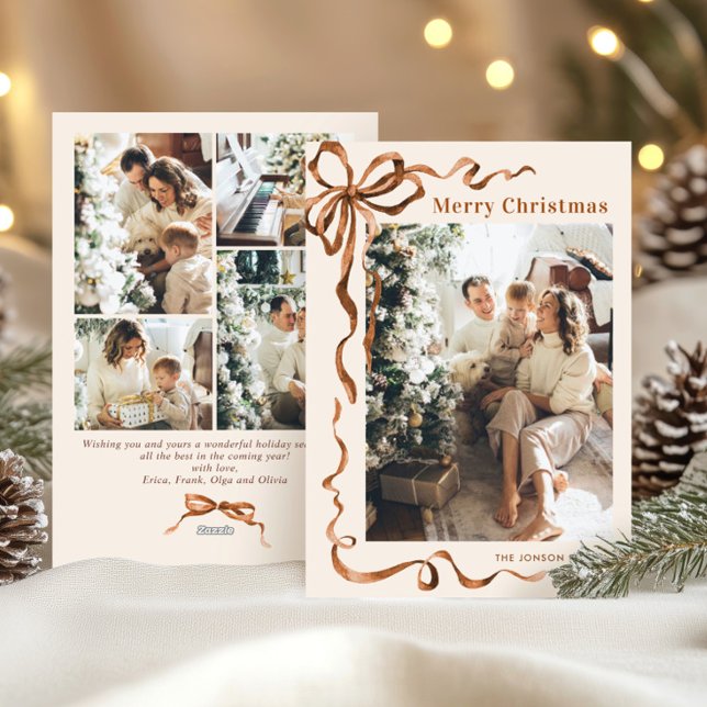 Funky Christmas Beige Boho Bow Ribbon 5 Photo Holiday Card (Creator Uploaded)