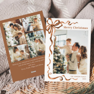 Funky Christmas Beige Boho Bow Ribbon 5 Photo Holiday Card