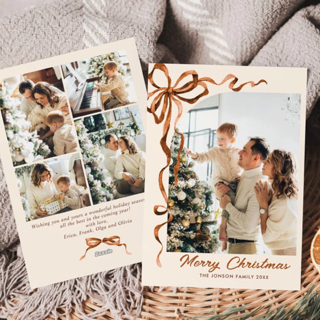 Funky Christmas Beige Boho Bow Ribbon 5 Photo Holiday Card (Creator Uploaded)