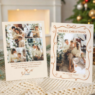 Funky Christmas Boho Beige Bow Ribbon 5 Photo Holiday Card