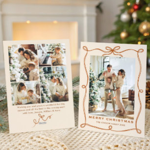 Funky Christmas Boho Beige Bow Ribbon 5 Photo Holiday Card