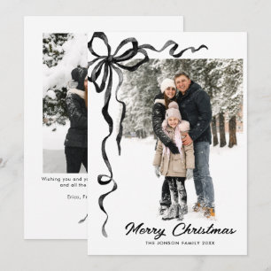 Funky Christmas Boho Black Bow Ribbon 2 Photo Holiday Card