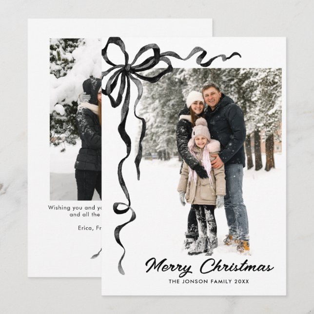 Funky Christmas Boho Black Bow Ribbon 2 Photo Holiday Card (Front/Back)