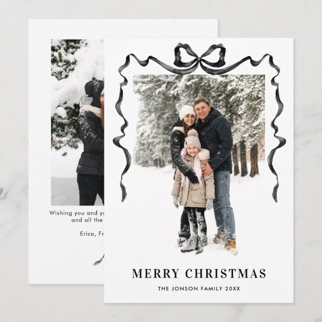 Funky Christmas Boho Black Bow Ribbon 2 Photo Holiday Card (Front/Back)