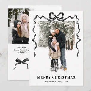 Funky Christmas Boho Black Bow Ribbon 3 Photo Holiday Card