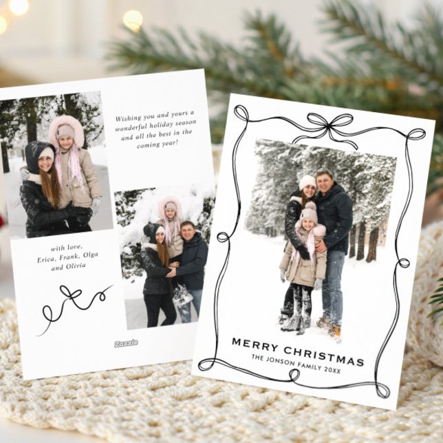 Funky Christmas Boho Black Bow Ribbon 3 Photo Holiday Card (Creator Uploaded)