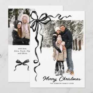 Funky Christmas Boho Black Bow Ribbon 3 Photo Holiday Card