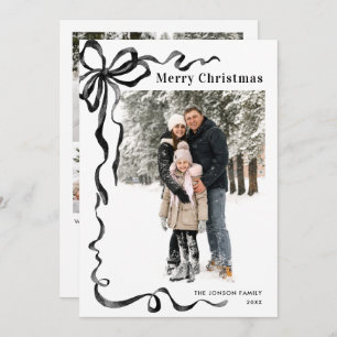 Funky Christmas Boho Black Bow Ribbon 5 Photo Holiday Card
