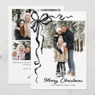 Funky Christmas Boho Black Bow Ribbon 5 Photo Holiday Card