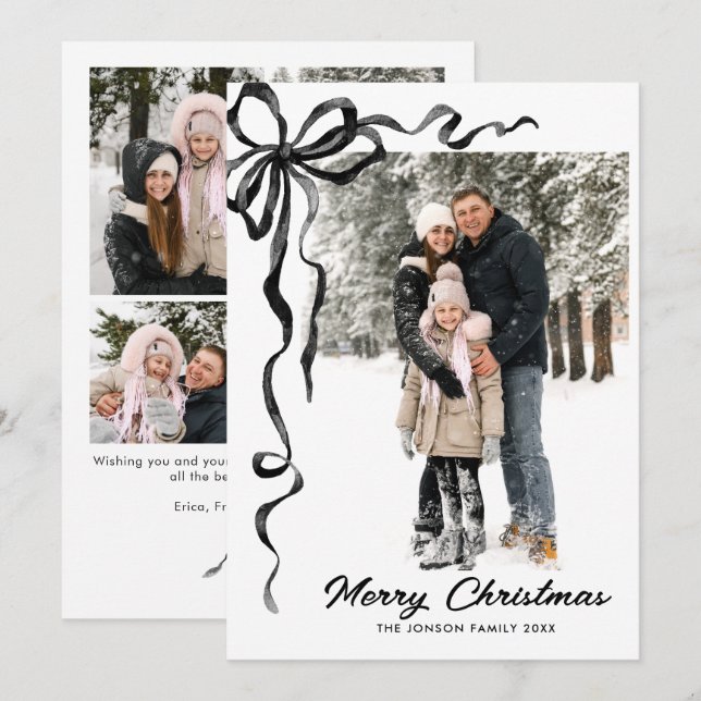 Funky Christmas Boho Black Bow Ribbon 5 Photo Holiday Card (Front/Back)