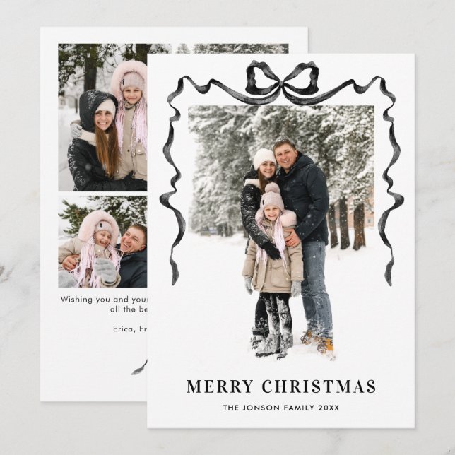 Funky Christmas Boho Black Bow Ribbon 5 Photo Holiday Card (Front/Back)