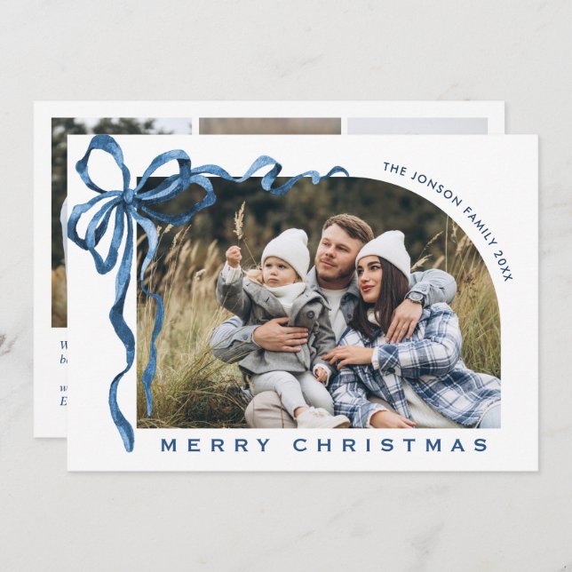 Funky Christmas Boho Blue Bow Ribbon 4 Photo Holiday Card (Front/Back)