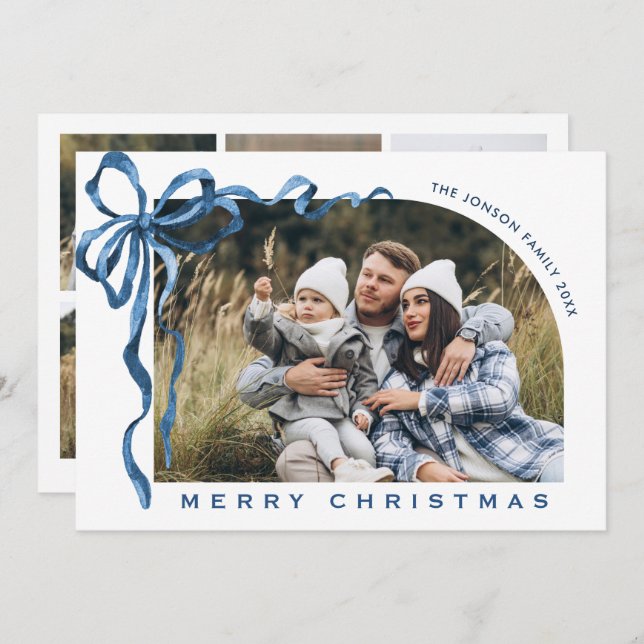 Funky Christmas Boho Blue Bow Ribbon 6 Photo Holiday Card (Front/Back)