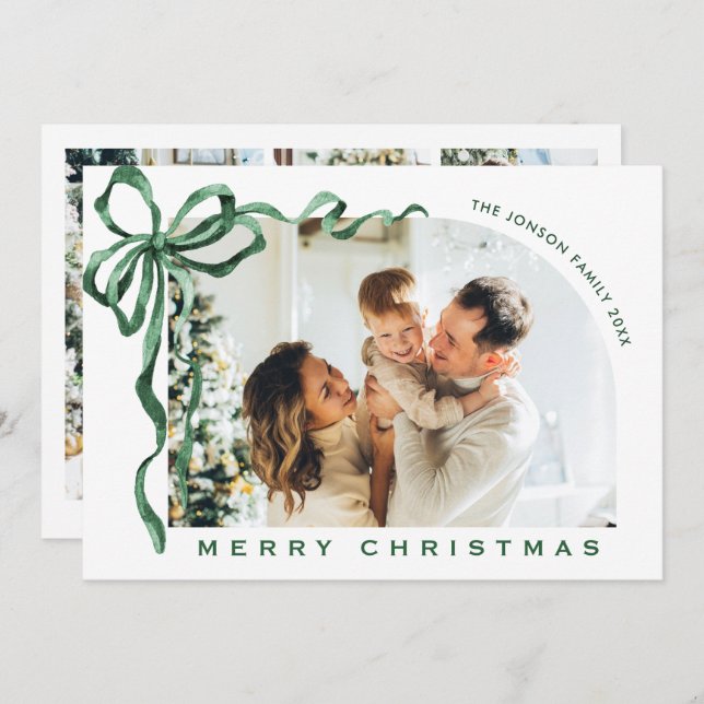 Funky Christmas Boho Green Bow Ribbon 4 Photo Holiday Card (Front/Back)