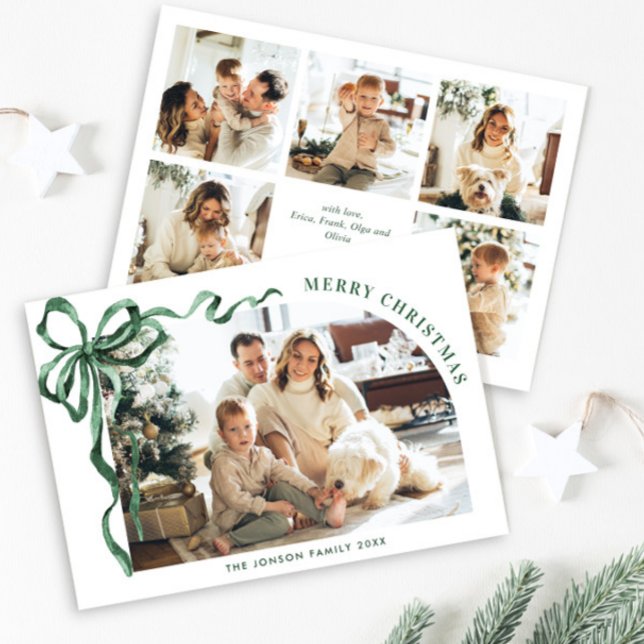 Funky Christmas Boho Green Bow Ribbon 6 Photo Holiday Card (Creator Uploaded)