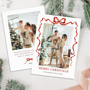 Funky Christmas Boho Red Bow Ribbon 2 Photo Holiday Card