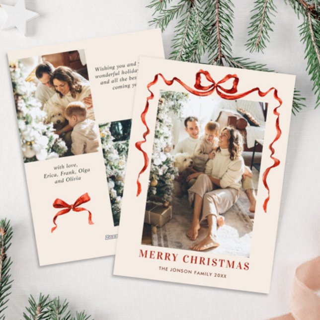 Funky Christmas Boho Red Bow Ribbon 3 Photo Holiday Card (Creator Uploaded)