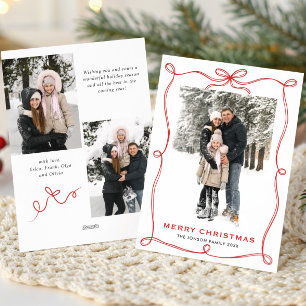 Funky Christmas Boho Red Bow Ribbon 3 Photo Holiday Card