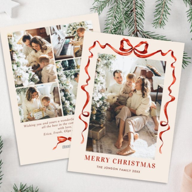 Funky Christmas Boho Red Bow Ribbon 5 Photo Holiday Card (Creator Uploaded)