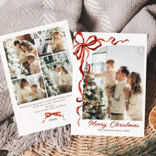 Funky Christmas Boho Red Bow Ribbon 5 Photo Holiday Card