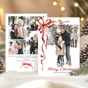 Funky Christmas Boho Red Bow Ribbon 5 Photo Holiday Card