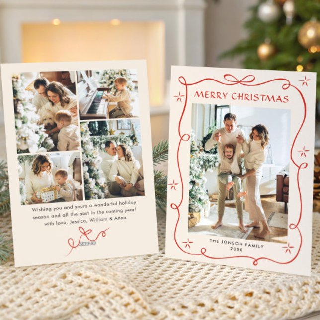 Funky Christmas Boho Red Bow Ribbon 5 Photo Holiday Card (Creator Uploaded)