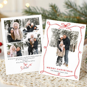 Funky Christmas Boho Red Bow Ribbon 5 Photo Holiday Card