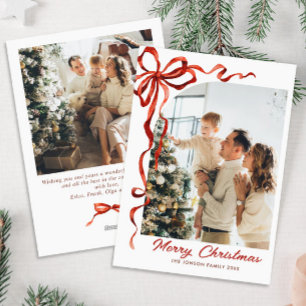 Funky Christmas Red Bow Ribbon 2 Photo Holiday Card