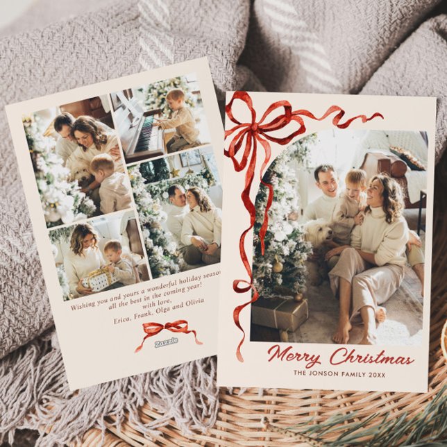 Funky Christmas Red Bow Ribbon 5 Photo Holiday Card (Creator Uploaded)
