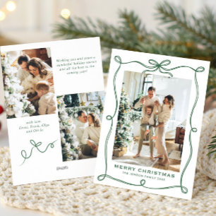 Funky Christmas Sage Green Bow Ribbon 3 Photo Holiday Card