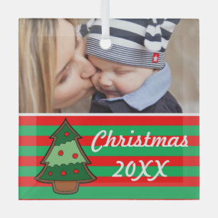 Funky Christmas Tree and Stripes Custom Photo Glass Tree Decoration