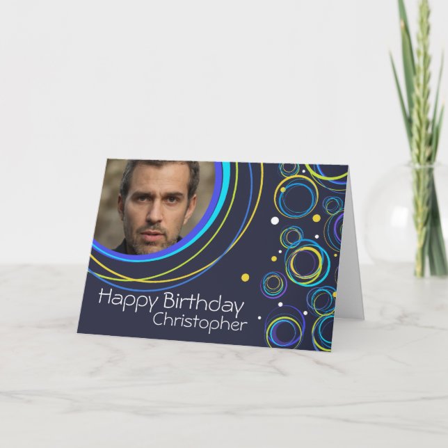 Funky circle card in navy add photo and name (Front)