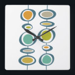 Funky Circles Mid Century Modern Colourful Retro Square Wall Clock<br><div class="desc">This fabulous mid century modern wall clock features two sets of funky abstract hanging circles in the colours of turquoise blue,  orange,  tan,  avocado green,  gold,  and blue. This will make a colourful addition to your home decor!</div>